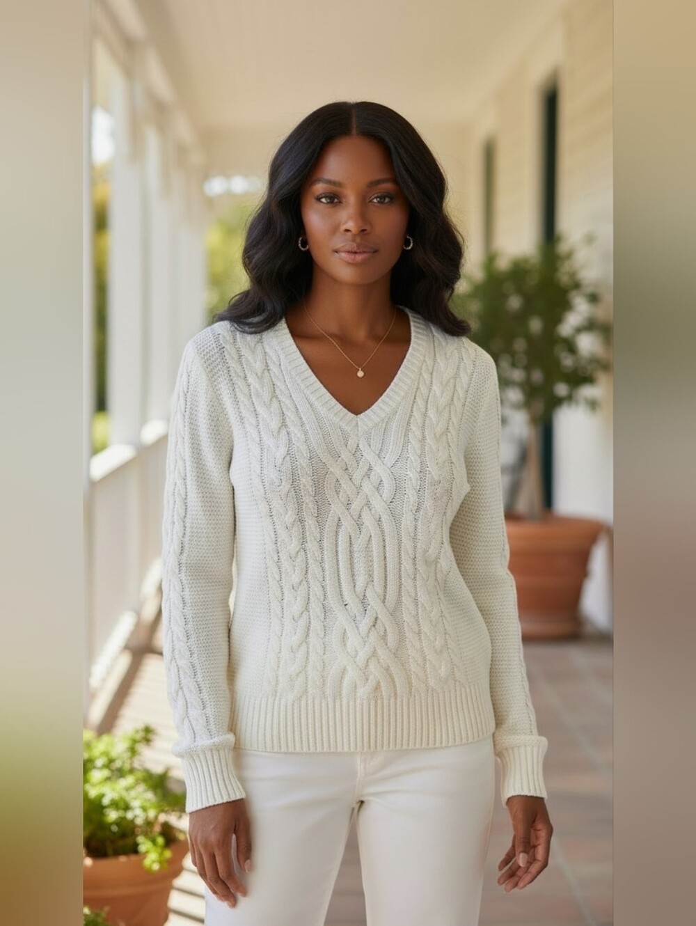 Liz Claiborne White Cream Cable Knit V-Neck Sweater Cozy Classic Pullover Size M